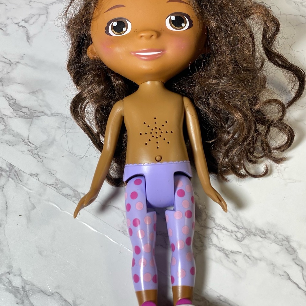 Kids Doll with Brown Hair and Purple Polka Dot Pants